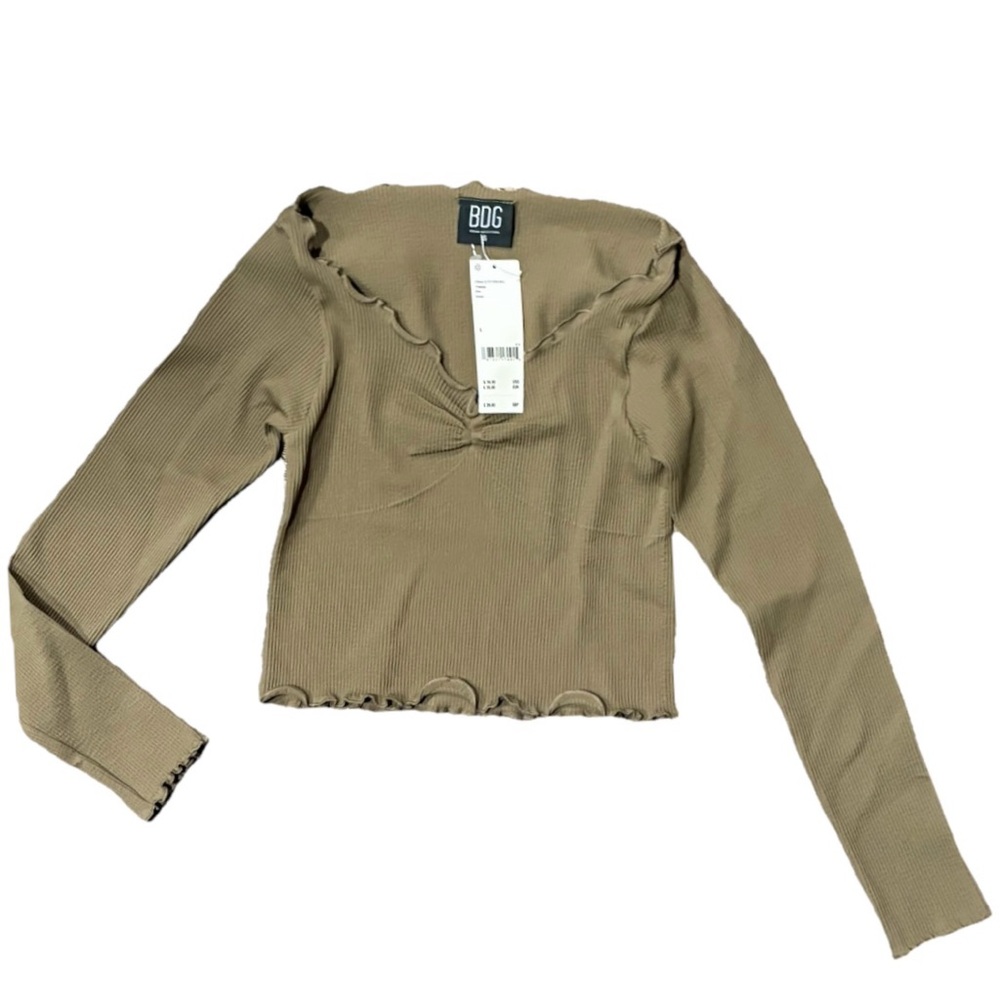 BDG Ribbed Long Sleeve Cropped Top in Khaki